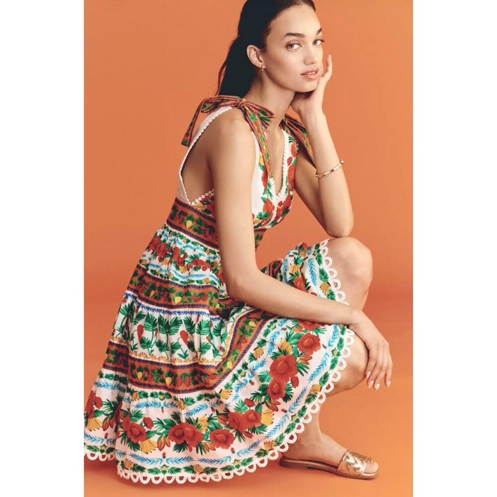 Farm Rio x Anthropologie V-Neck Tiered Mini Dress Size L - Picture 4 of 8